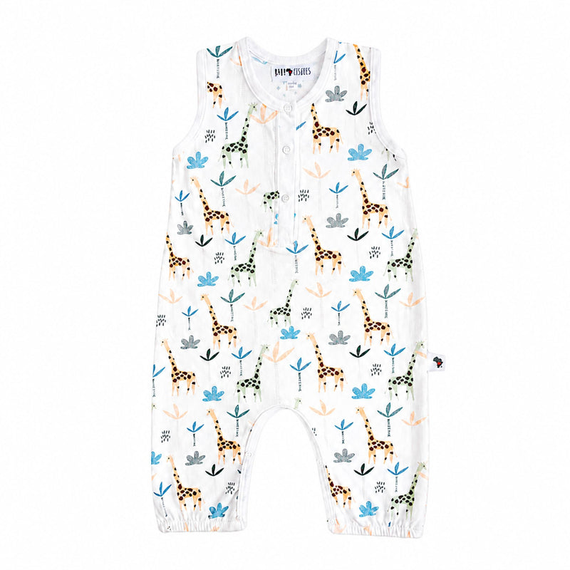 Henley Romper - Giraffe - a sleeveless romper Henley style in white with peach and beige giraffes and palm trees