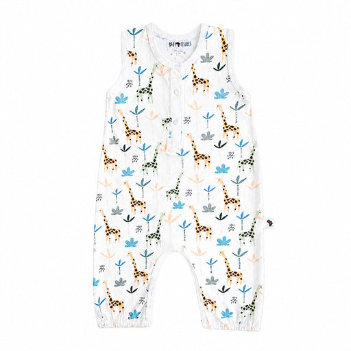 Henley Romper - Giraffe - a sleeveless romper Henley style in white with peach and beige giraffes and palm trees