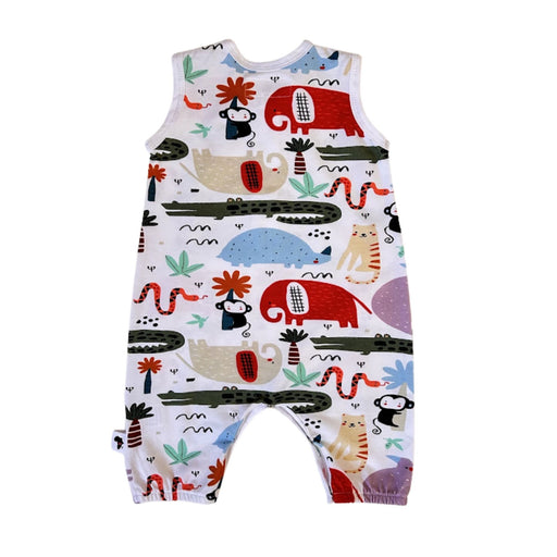 Back view of Henley Romper - Rust Ellie white cotton baby romper with colourful animal print