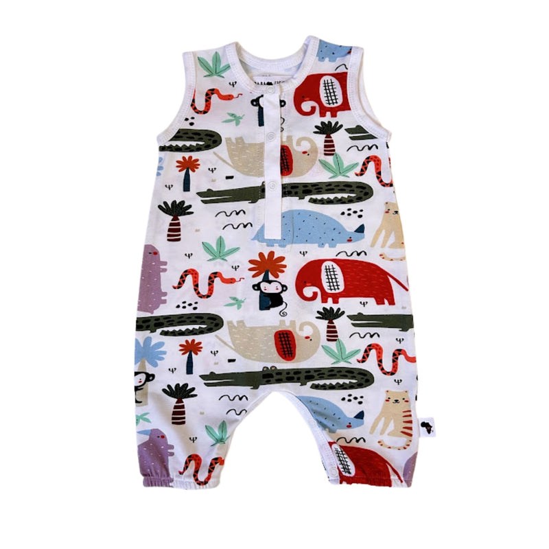 Henley Romper - Rust Ellie white cotton baby romper with colourful African animal print and front press studs