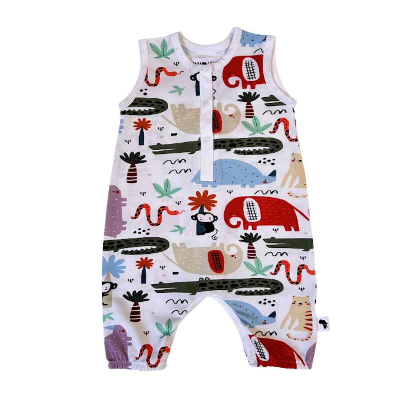Henley Romper - Rust Ellie white cotton baby romper with colourful African animal print and front press studs