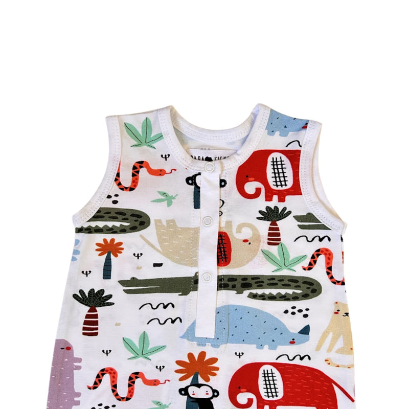 Henley Romper - Rust Ellie front press-stud neckline and colourful animal print close-up