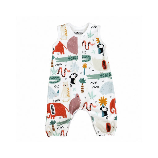 Henley Romper - Rust Ellie in white with rust ellie animal print, sleeveless design and front and crotch press studs
