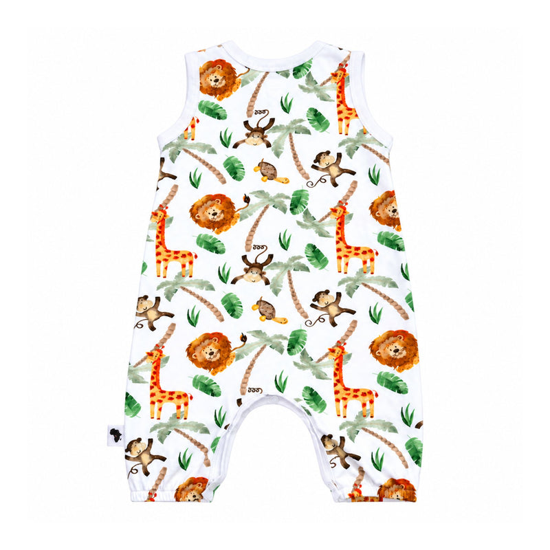 Back view of the sleeveless Henley Romper - Simba Watercolour on a white base, featuring watercolour lions, giraffes, monkeys, turtles, palm trees and green tropical leaves, with white-bound edges and elasticated legs.