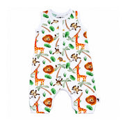 Front view of the Henley Romper - Simba Watercolour with colourful watercolour safari animals and tropical foliage, a white-bound neckline, front press-stud placket, crotch fastening and elasticated leg openings.