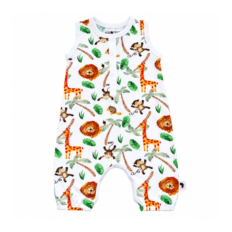 Front view of the Henley Romper - Simba Watercolour with colourful watercolour safari animals and tropical foliage, a white-bound neckline, front press-stud placket, crotch fastening and elasticated leg openings.
