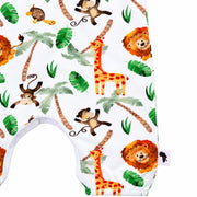 Close-up of the Henley Romper - Simba Watercolour showing the white-bound crotch with press studs, elasticated leg opening, Baba Fishees side label and detailed giraffe, lion, monkey and tropical-leaf print.