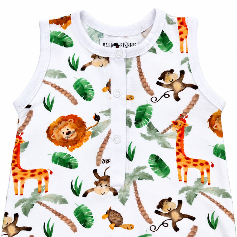 Close-up of the Henley Romper - Simba Watercolour showing the white-bound neckline and armholes, three white front press studs and watercolour lion, giraffe, monkey and tropical foliage details.