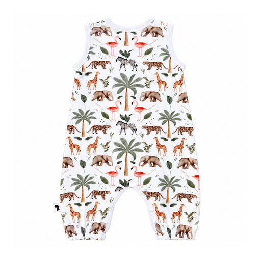 Back of white Two By Two sleeveless Henley romper with safari animals, pink flamingos, green palms and press studded leg openings.