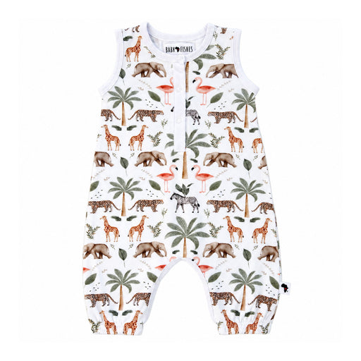 Front of white Two By Two Henley romper with safari animals, flamingos and palms, featuring front and crotch press studs.