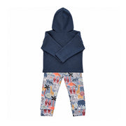 Back of Meerkat Manor hoodie and comfy pants set, with a plain Airforce Blue hooded top and blue-grey pants featuring colourful African animals and ankle cuffs.