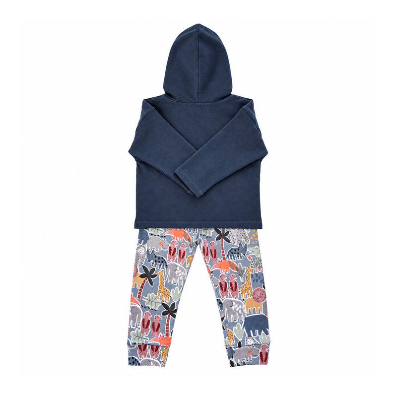 Back of Meerkat Manor hoodie and comfy pants set, with a plain Airforce Blue hooded top and blue-grey pants featuring colourful African animals and ankle cuffs.