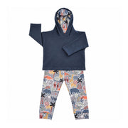 Airforce Blue pullover hoodie with Meerkat Manor hood lining, paired with matching blue-grey pants printed with pink meerkats, mustard lions, giraffes and palms.