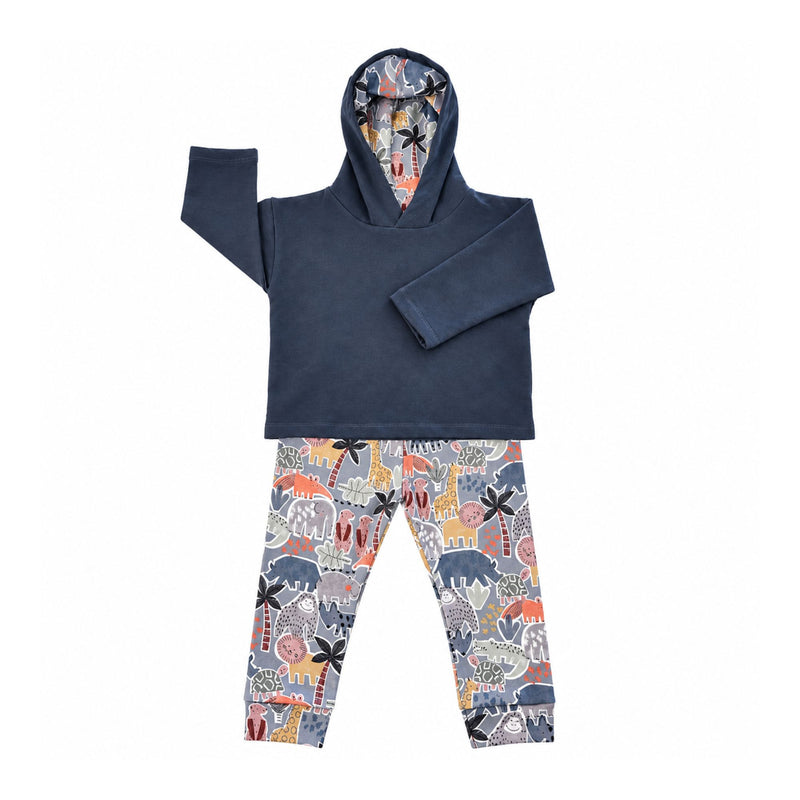 Airforce Blue pullover hoodie with Meerkat Manor hood lining, paired with matching blue-grey pants printed with pink meerkats, mustard lions, giraffes and palms.