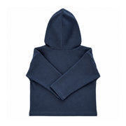 Back of Airforce Blue Meerkat Manor hoodie showing the plain hood with a centre seam, long sleeves crossed over the back and a stitched straight hem.