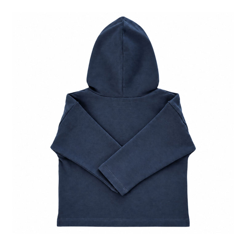 Back of Airforce Blue Meerkat Manor hoodie showing the plain hood with a centre seam, long sleeves crossed over the back and a stitched straight hem.