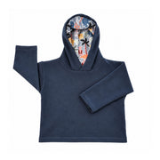 Front of Airforce Blue hoodie with long sleeves and a crossover neckline, showing Meerkat Manor animal-print hood lining in pink, mustard, grey and orange.