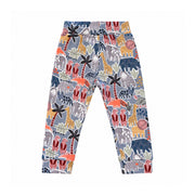 Back of blue-grey Meerkat Manor comfy pants with a wide printed waistband, ankle cuffs and colourful meerkats, elephants, giraffes, lions and palms.