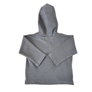 An airforce blue hoodie shown from the back, featuring long sleeves and a simple stitched construction.