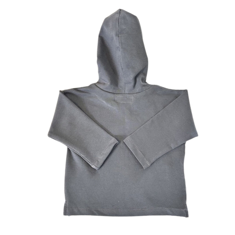 An airforce blue hoodie shown from the back, featuring long sleeves and a simple stitched construction.
