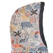 A close-up of a fabric hood featuring a colorful safari animal print on a muted blue-gray background, with a solid airforce blue side panel.