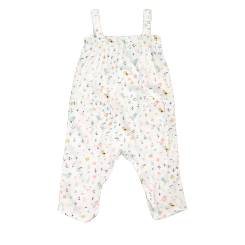 Jump Suit - Tweety Bird - White baby jumpsuit with pastel bird print, adjustable shoulder straps and loose fit