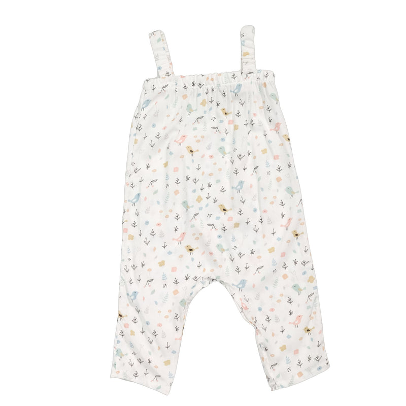Back view of Jump Suit - Tweety Bird - White baby jumpsuit with pastel bird print, adjustable shoulder straps and loose fit