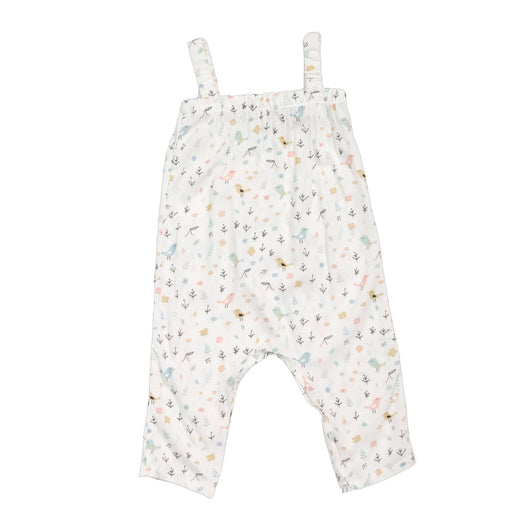 Back view of Jump Suit - Tweety Bird - White baby jumpsuit with pastel bird print, adjustable shoulder straps and loose fit
