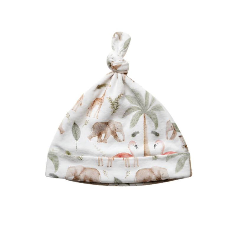 Knot Beanie - Two By Two in white with elephant, giraffe, flamingo and palm tree print