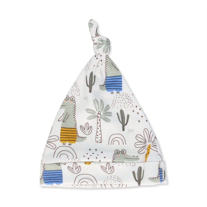Knot Beanie - Walking Croc in white with crocodile, cactus, rainbow and palm tree print