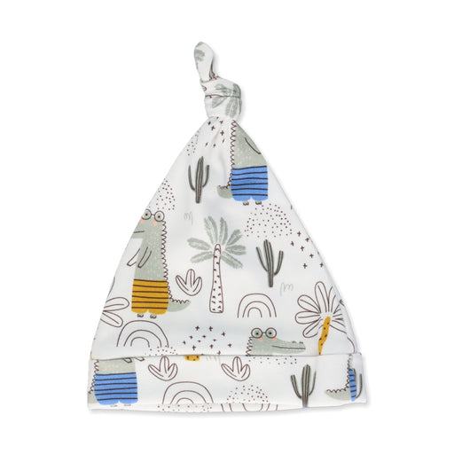 Knot Beanie - Walking Croc in white with crocodile, cactus, rainbow and palm tree print