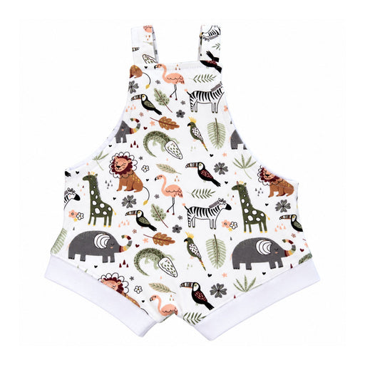 Back view of Knot Dungaree - African Plains showing shoulder straps, a roomy short-leg shape and white cuffs, with green crocodiles, grey elephants and peach flamingos.