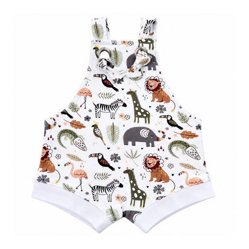 Front view of white Knot Dungaree - African Plains with knotted straps through metal eyelets, white leg cuffs and colourful lions, elephants, giraffes and zebras.