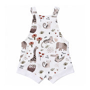 Knot Dungaree - Hi There White, back view showing shoulder straps, roomy short legs and white cuffs, with a taupe elephant, spotted giraffe, tiger and crocodile.