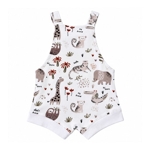 Knot Dungaree - Hi There White, back view showing shoulder straps, roomy short legs and white cuffs, with a taupe elephant, spotted giraffe, tiger and crocodile.