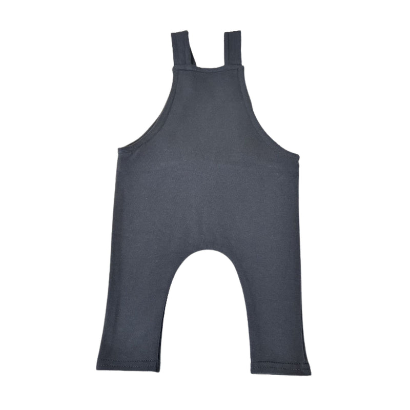 Back view of an Airforce Blue Knot Dungaree Long Leg with adjustable shoulder straps, metal grommets, and a small Baba Fishees label on the chest pocket.