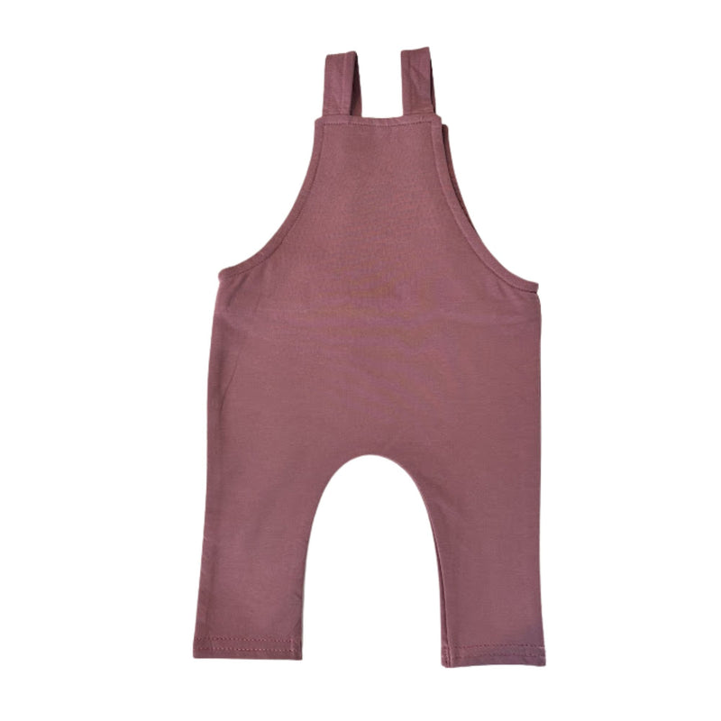 Back view of A grape coloured knot dungaree long leg with adjustable shoulder straps and a front pocket with a small white Baba Fishees brand tag.