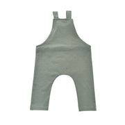 Back view of  Knot Dungaree Long Leg in Mint Green with adjustable shoulder straps, metal grommets, and a small Baba Fishees label on the chest pocket.