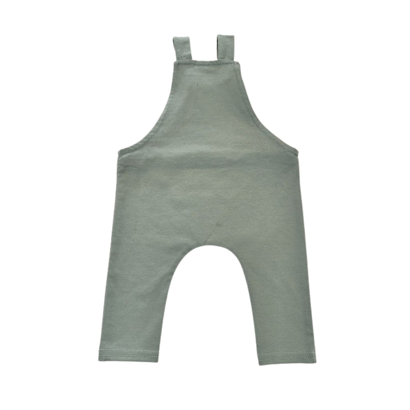 Back view of  Knot Dungaree Long Leg in Mint Green with adjustable shoulder straps, metal grommets, and a small Baba Fishees label on the chest pocket.
