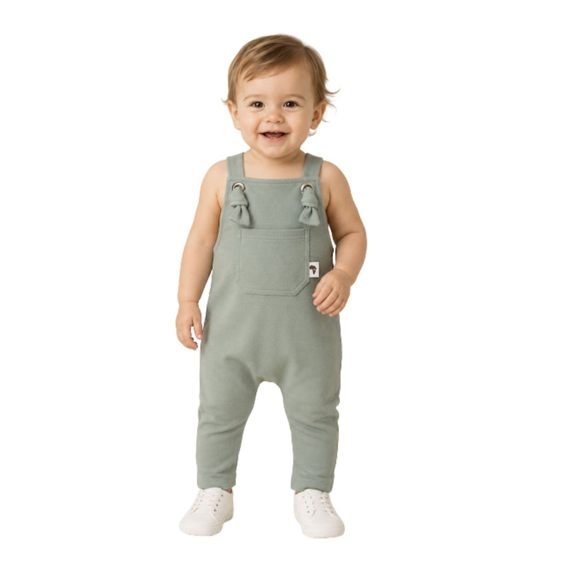 Baby wearing sage green long leg knot dungarees