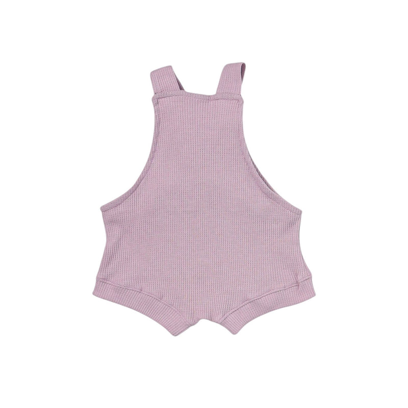 Back of Knot Dungaree - short-waffle weave - a lilac ribbed romper with knot straps 