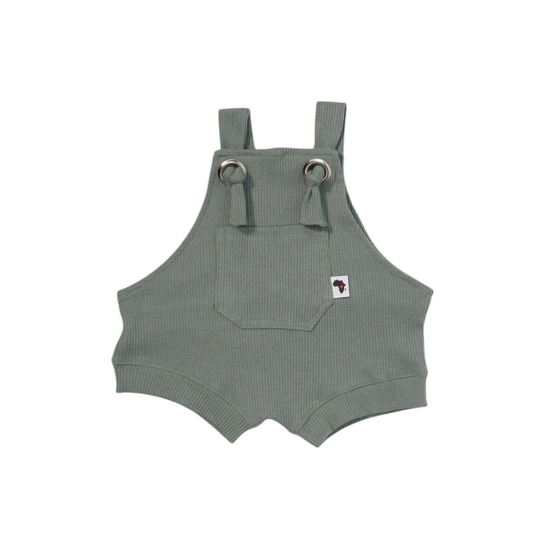 Knot Dungaree - short - waffle weave - a sage green ribbed romper with knot straps 