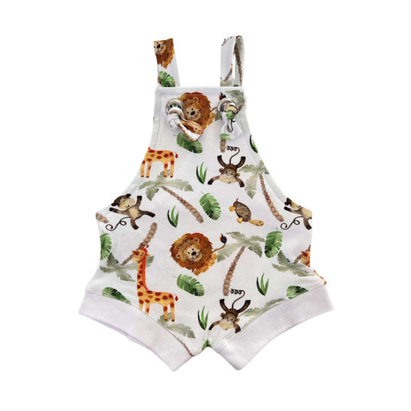 Knot Dungaree - Simba Watercolour white cotton baby romper with lion, giraffe and monkey print