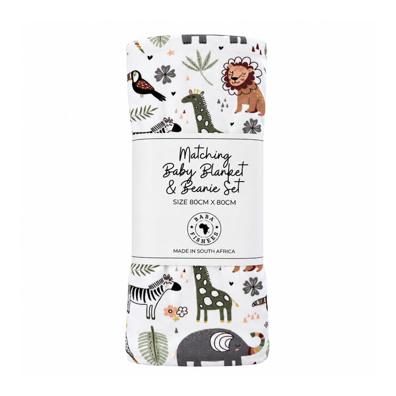 Matching Blanket & Beanie Set - African Plains folded in a Baba Fishees paper band marked 80 × 80 cm, with green giraffes, rust lions, zebras and grey elephants on white.