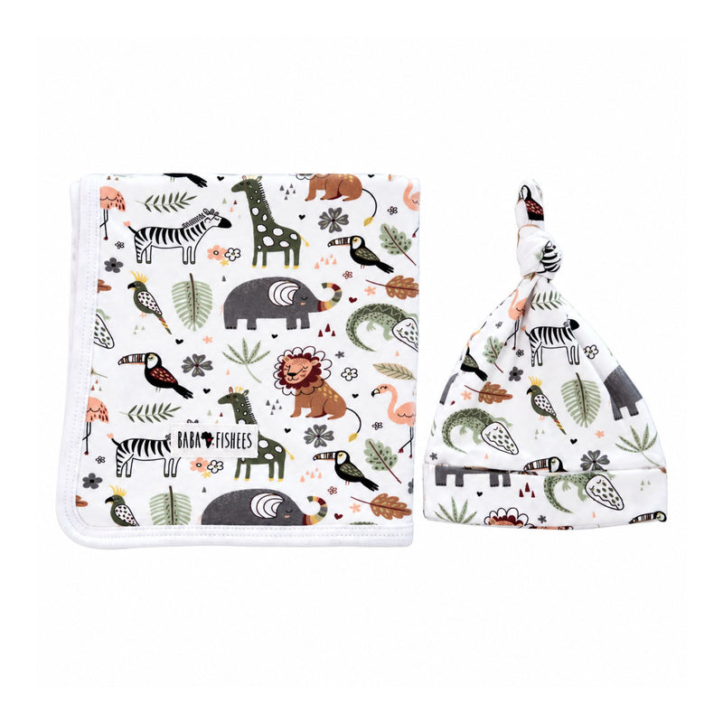 Matching Blanket & Beanie Set - African Plains displayed side by side, showing the blanket’s white binding and rounded corner, and the beanie’s knotted top and folded brim in matching animal print.