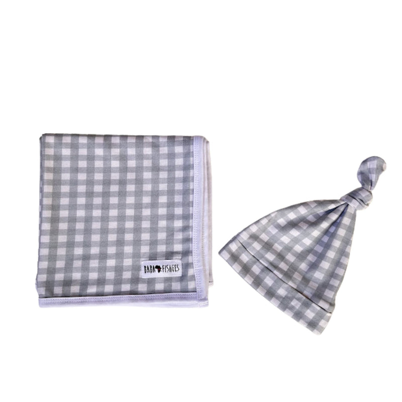 Sage green and white checkered baby blanket and knot beanie set