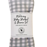 Sage Green and white check gingham baby blanket and knot beanie set with Baba Fishees branding.
