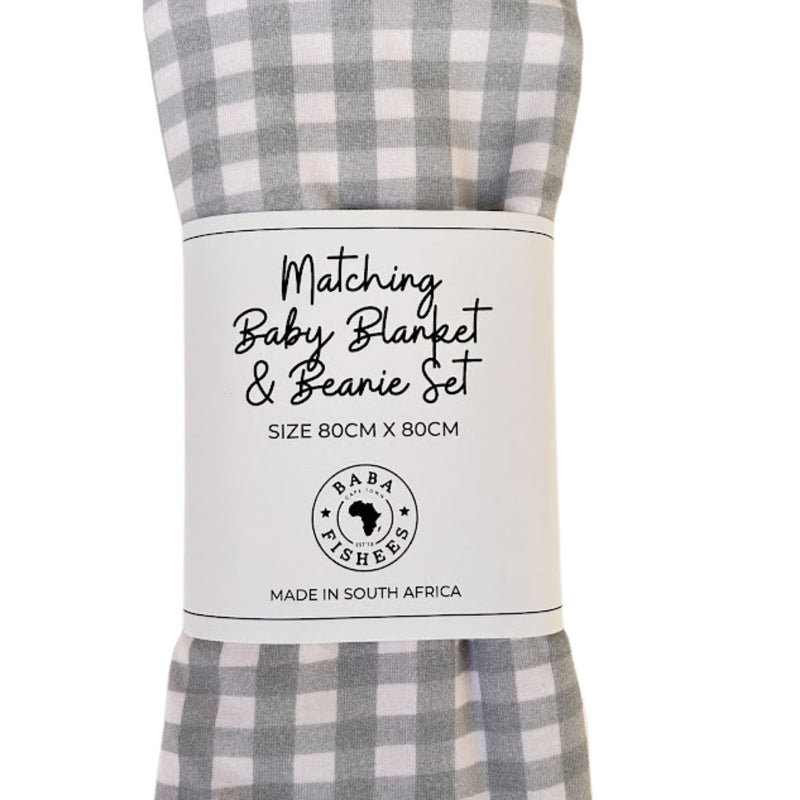 Sage Green and white check gingham baby blanket and knot beanie set with Baba Fishees branding.