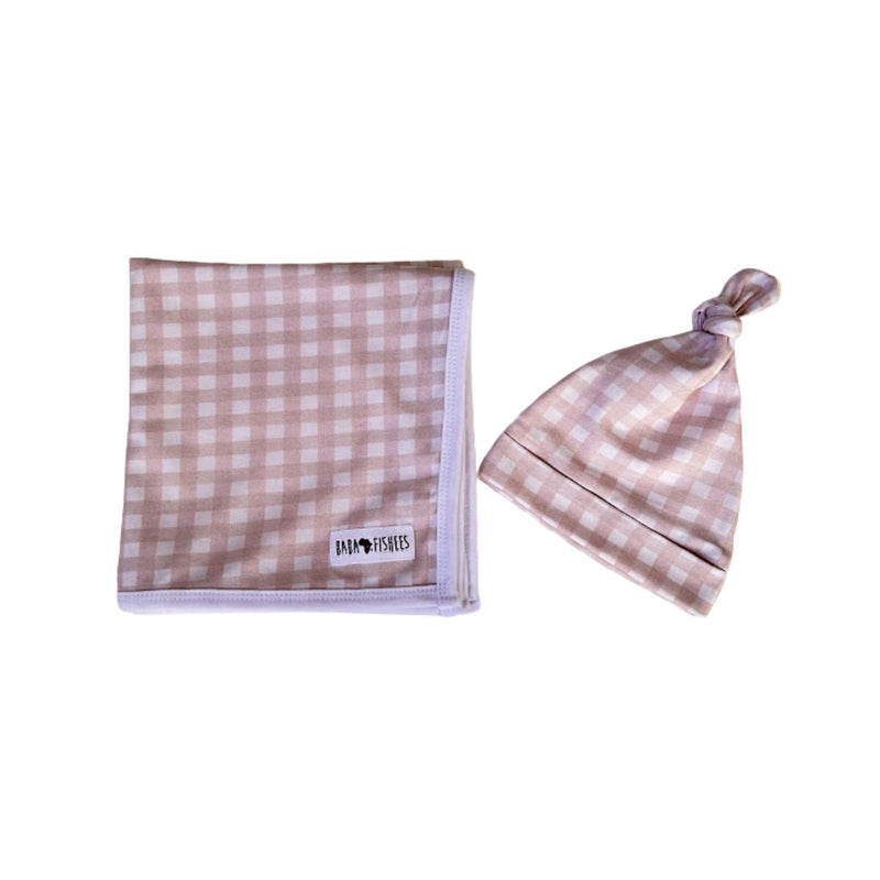 Knot Beanie and blanket set in pink and white checked gingham