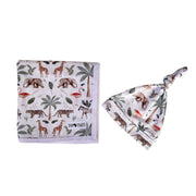 Set of baby blanket and knot beanie with animal pattern on a white background in two by ywo print by Baba Fishees